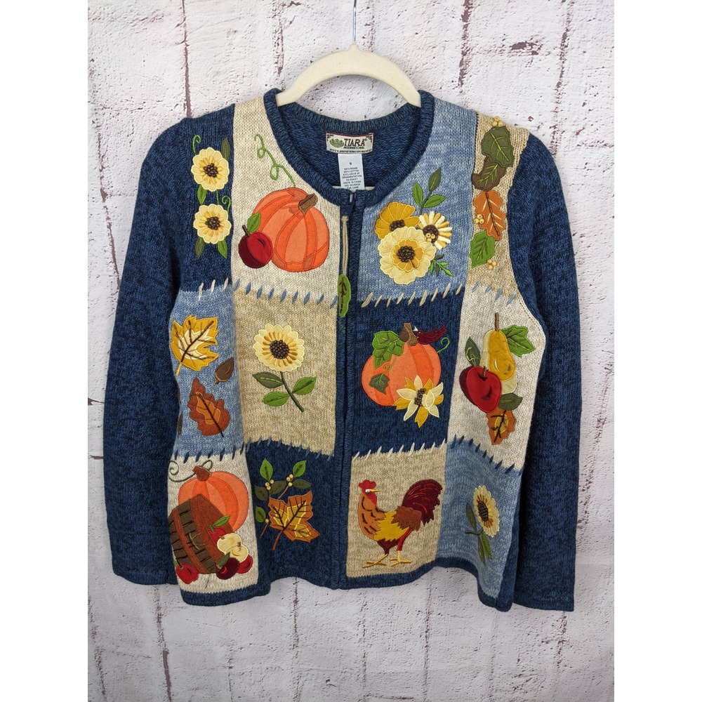 Tiara International Vintage Harvest Full Zip Cardigan Sweater Blue Fall  S Small